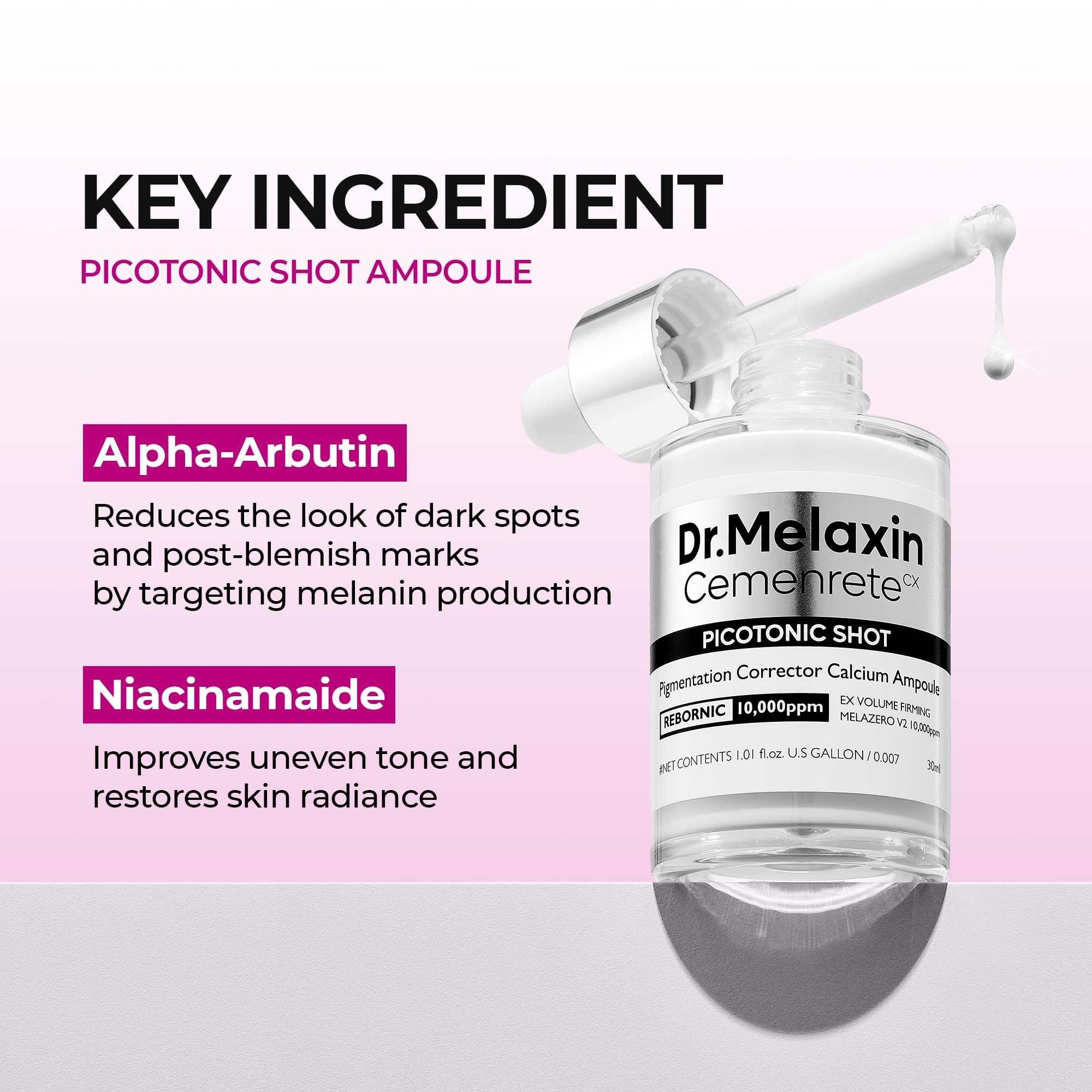 Dr.Melaxin Cemenrete Shot label emphasizes gentle skin-friendly formula