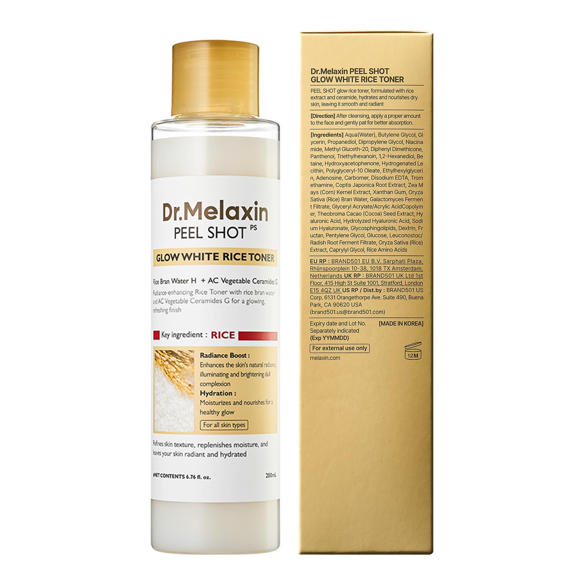 Dr.Melaxin Glow Rice Toner supports daily hydration and a subtle glow.