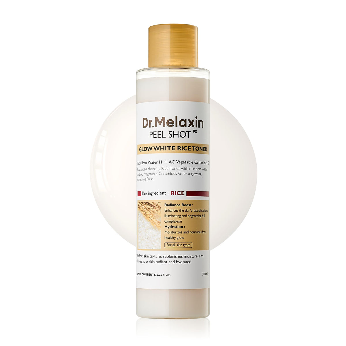 Dr.Melaxin Peel Shot Glow Rice Toner bottle on shelf for hydrated, radiant skin.