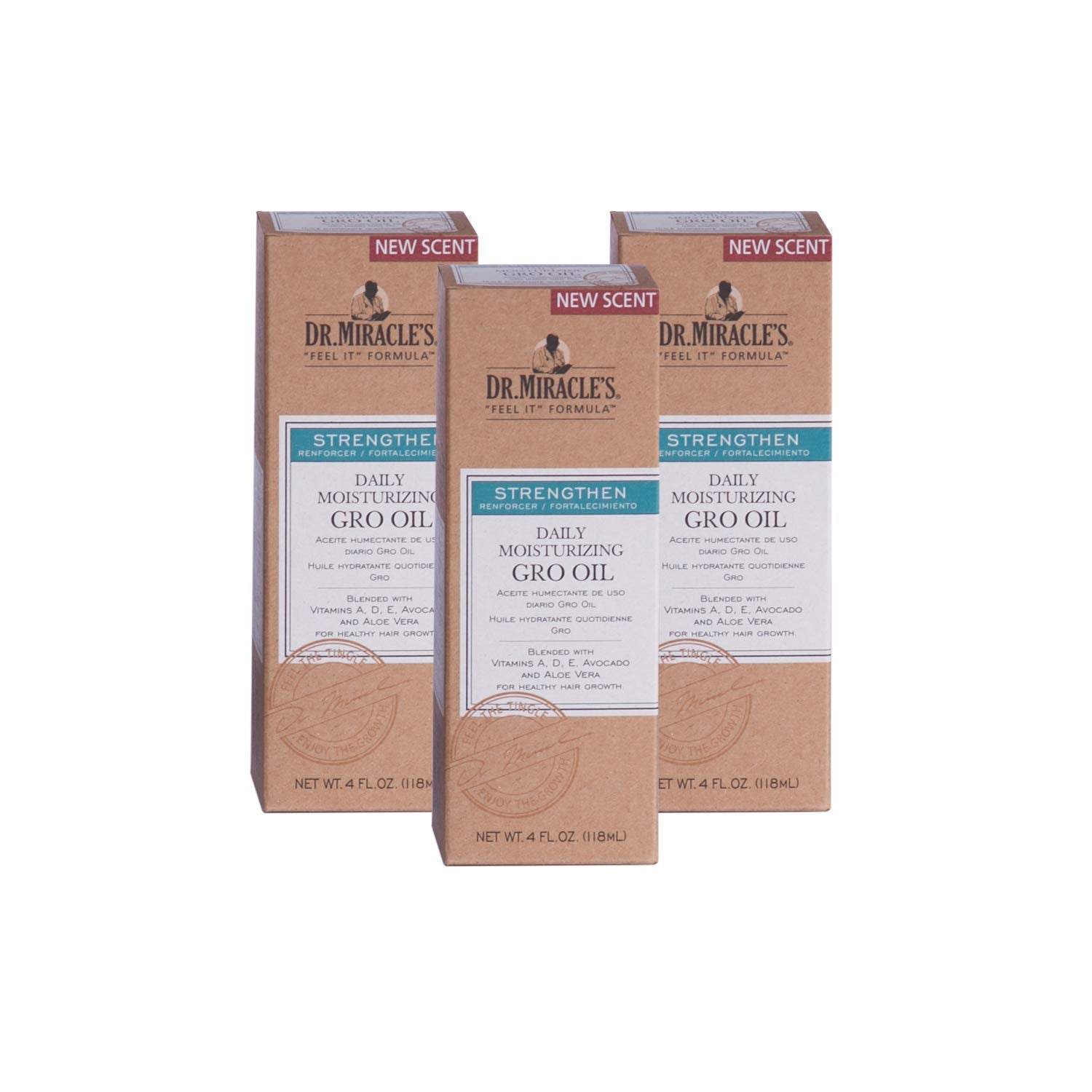 Dr. Miracle's Gro Oil bottle closeup highlights nourishing formula for scalp hydration.