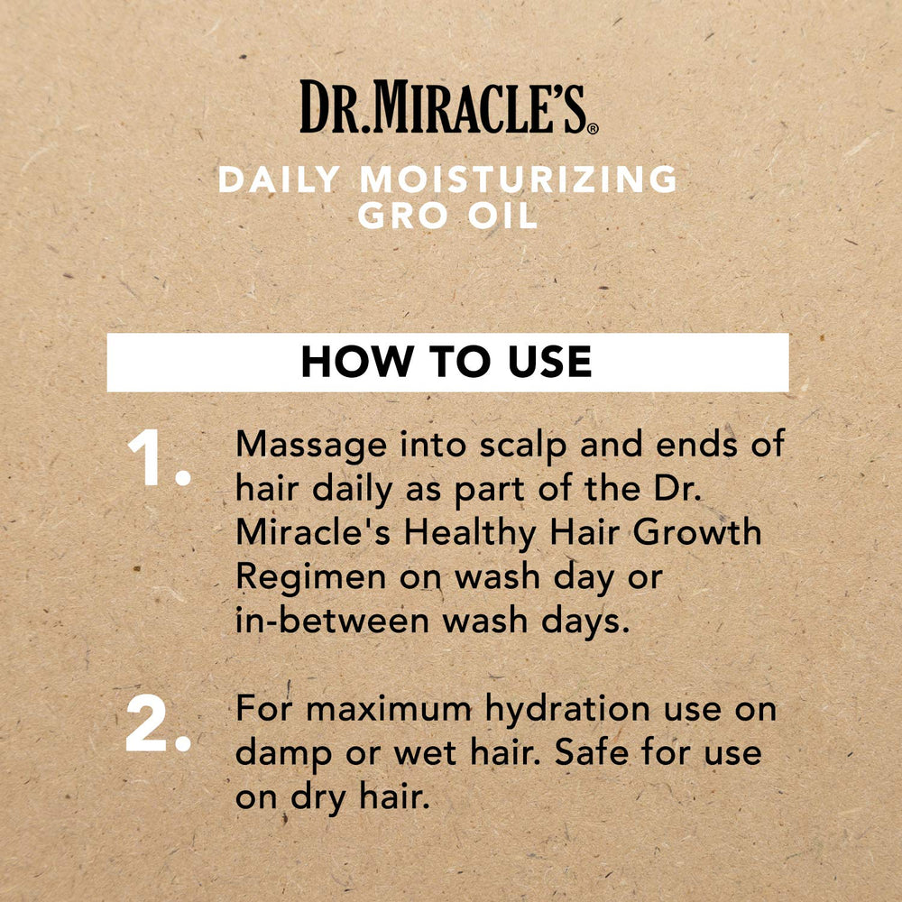 Dr. Miracle's Gro Oil pump-dispense shows easy daily application for roots and scalp.