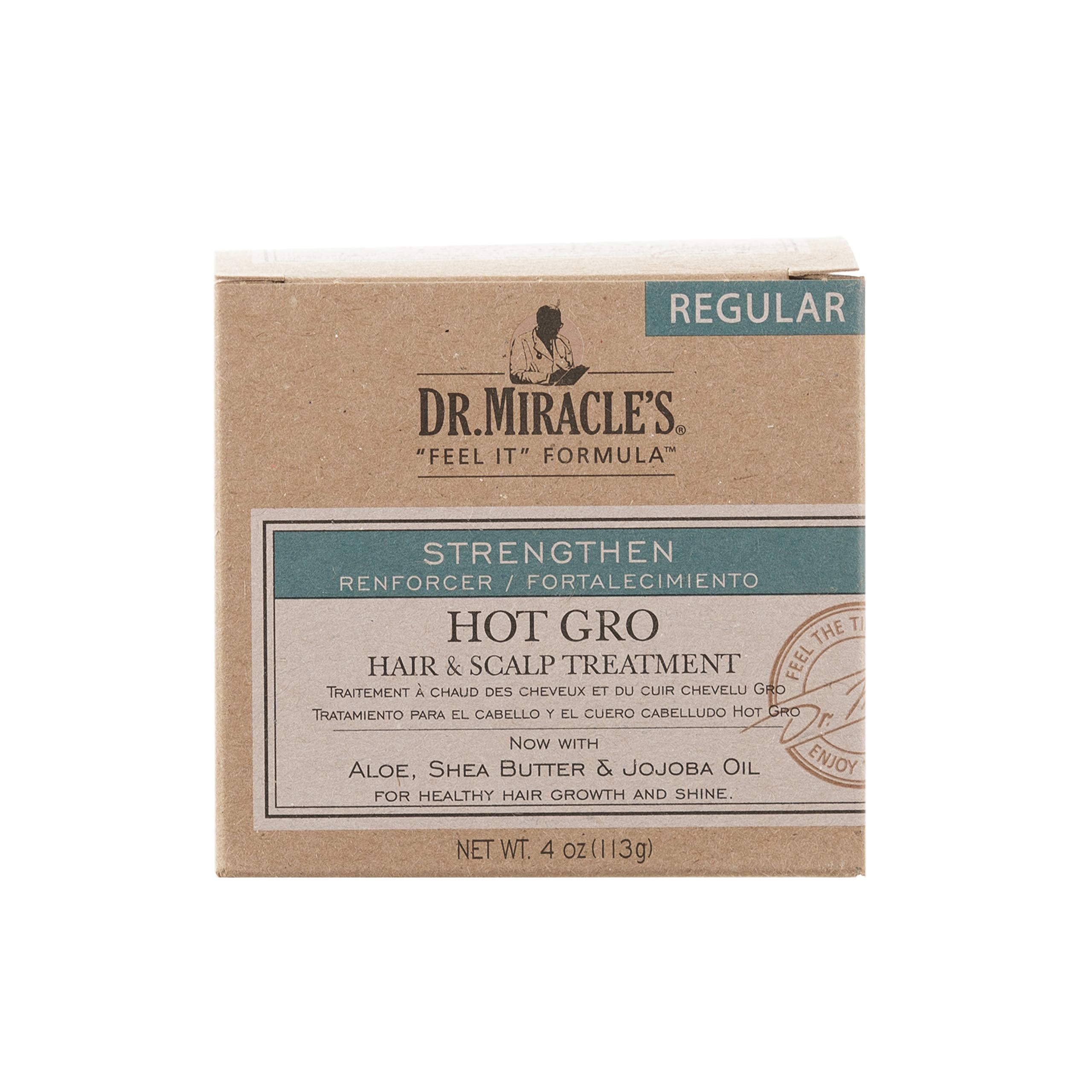 Dr. Miracle's Strengthen Hot Gro bottle showcases nourishing formula for scalp care and hair resilience.