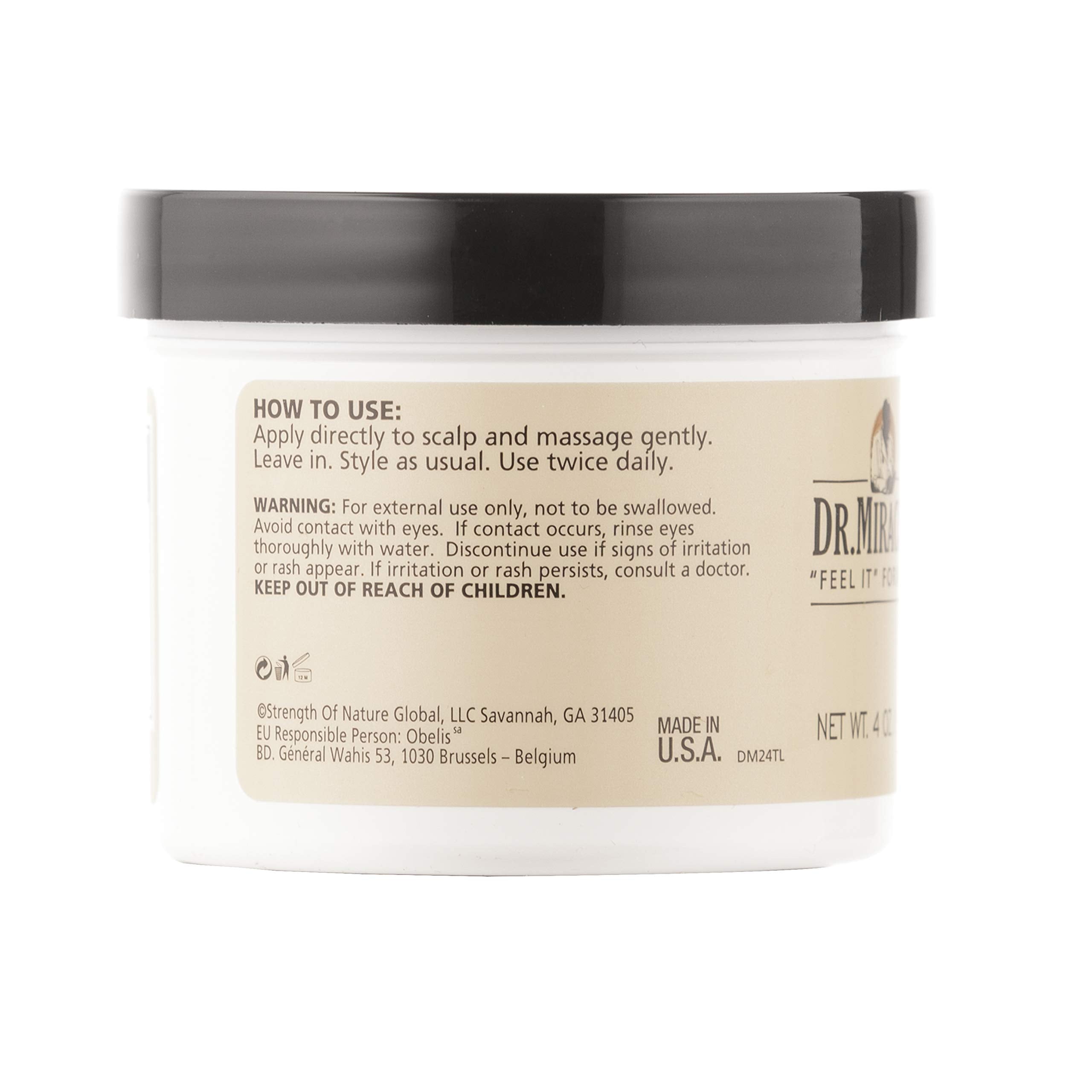 Dr. Miracle's Strengthen Hot Gro close-up on scalp hints at targeted nourishment.