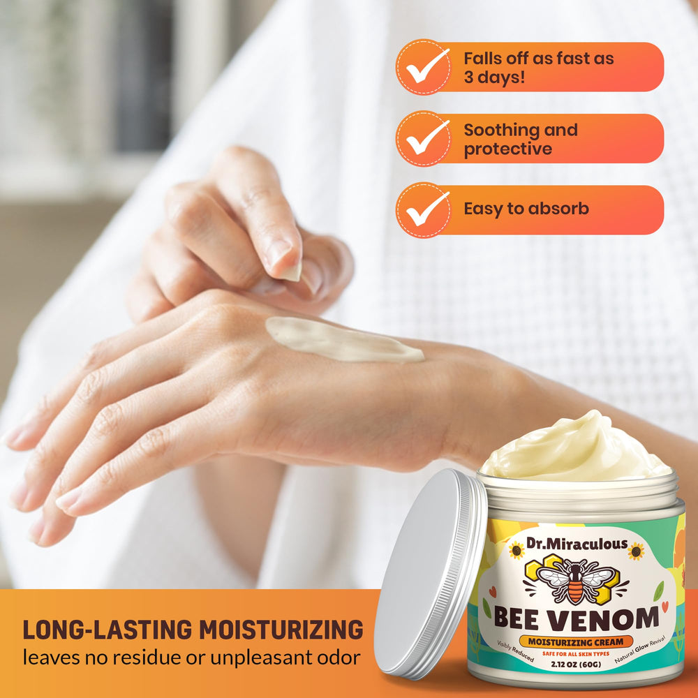 Dr. Miraculous bee venom cream being applied to hands for hydration.