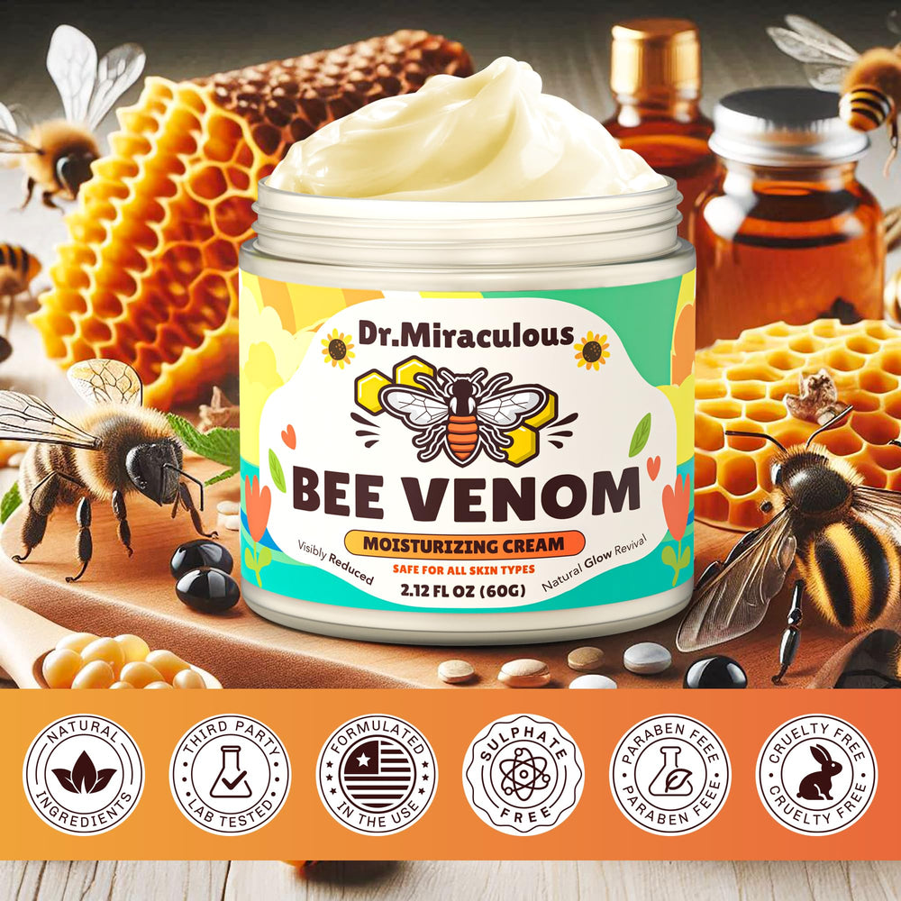 Dr. Miraculous Bee Venom Skin Cream jar close-up emphasizing peptides for firming