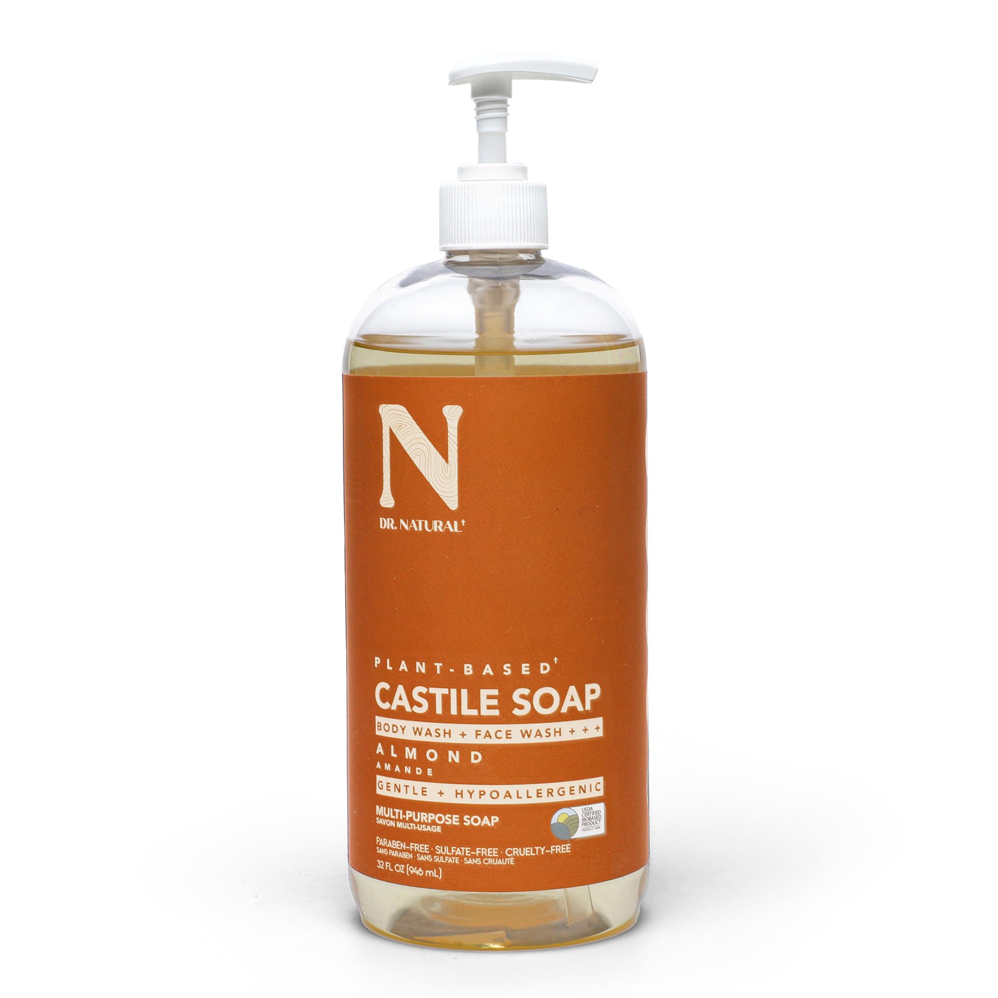 Dr. Natural Castile Almond bottle 32oz, highlighting versatile body wash and home-cleaning use.