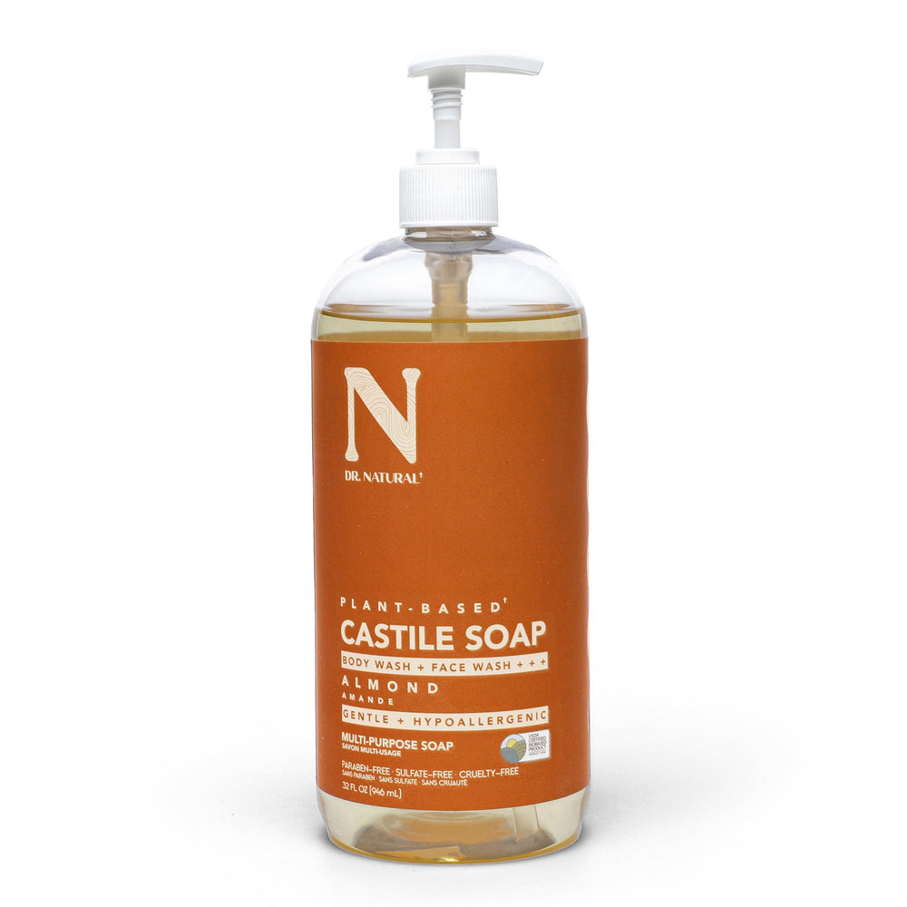 Dr. Natural Castile Almond bottle 32oz, highlighting versatile body wash and home-cleaning use.
