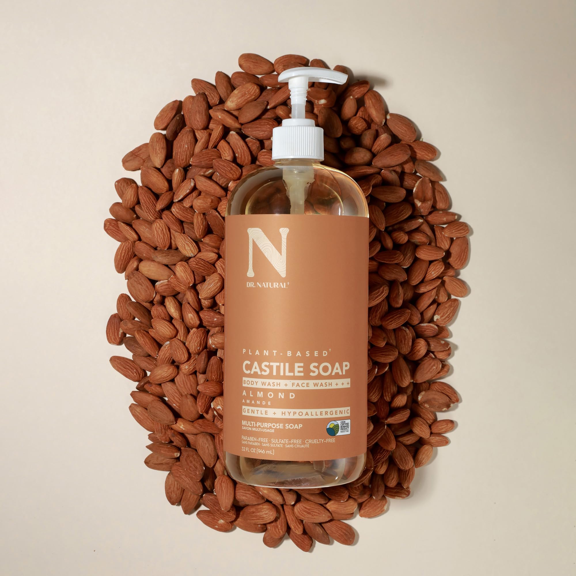 Dr. Natural Castile Almond sensitive skin line highlights gentle, plant-based purity.