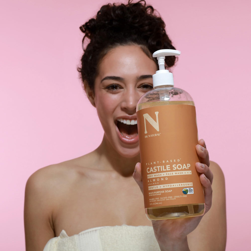 Dr. Natural Castile Almond shampoo lather demonstrates clean, nourishing hair wash possibilities.