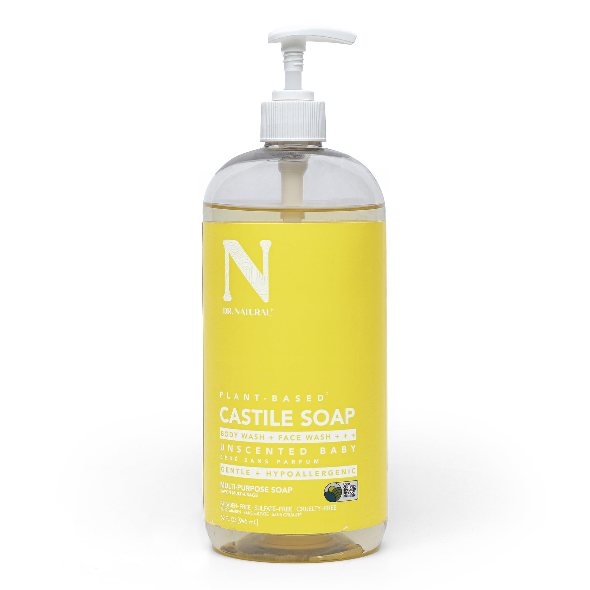 Dr. Natural Castile Liquid Soap bottle for versatile skin cleansing and gentle hydration.