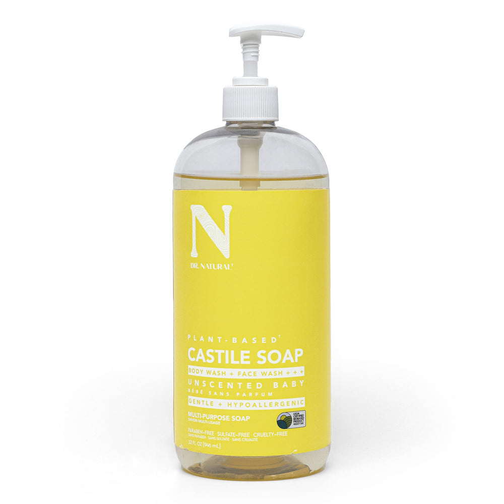 Dr. Natural Castile Liquid Soap bottle for versatile skin cleansing and gentle hydration.