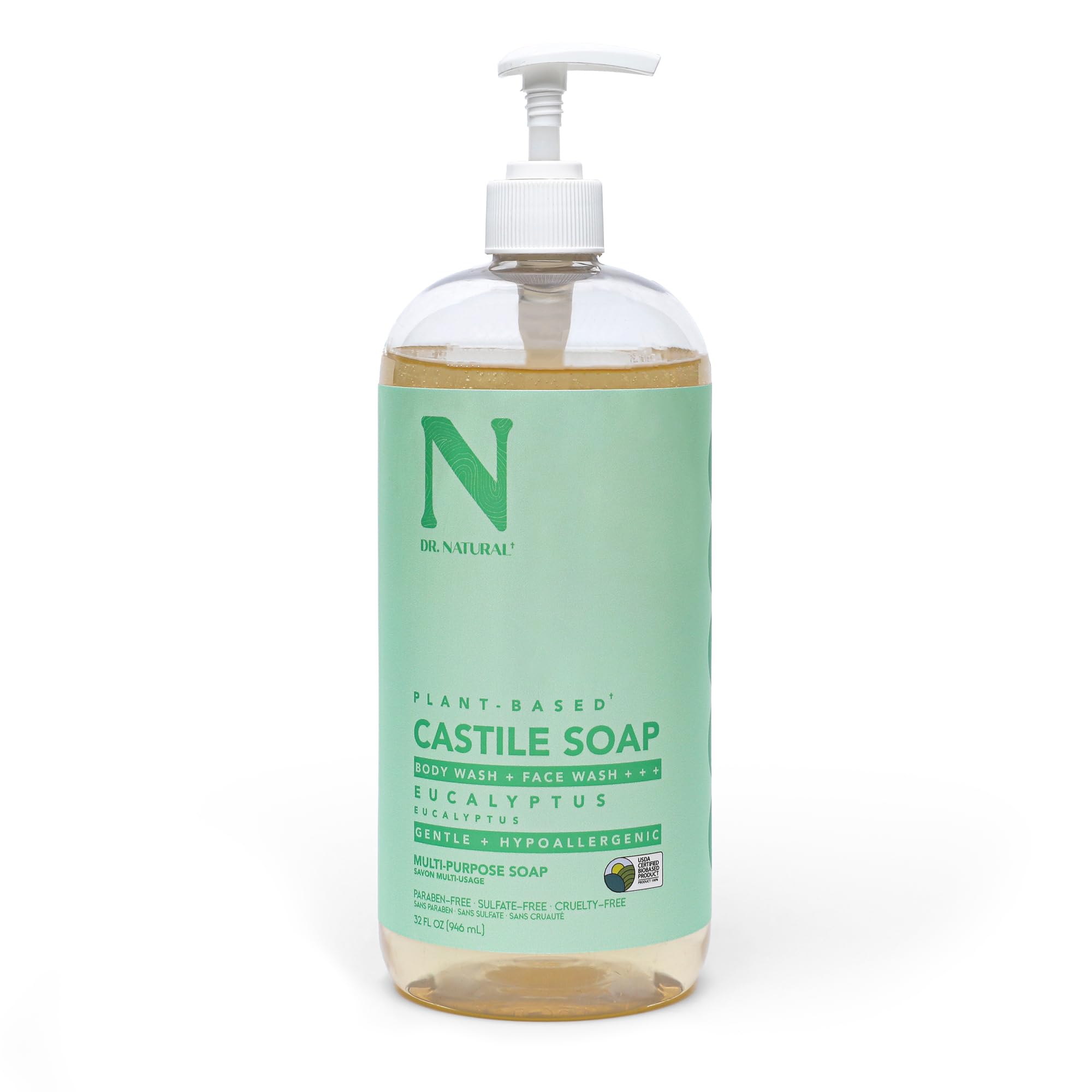 Dr. Natural Castile liquid soap bottle for everyday cleansing and multi-use versatility.