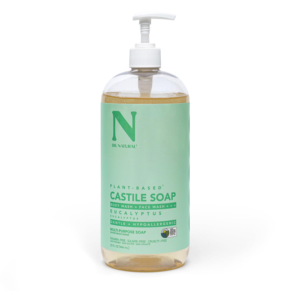 Dr. Natural Castile liquid soap bottle for everyday cleansing and multi-use versatility.