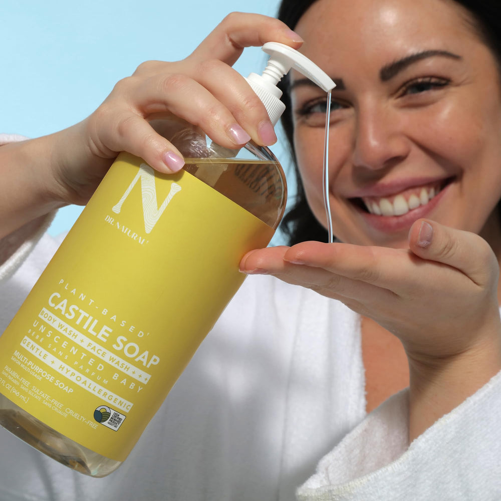 Dr. Natural Castile Liquid Soap face cleanser demonstrates soft, non-irritating daily skincare.