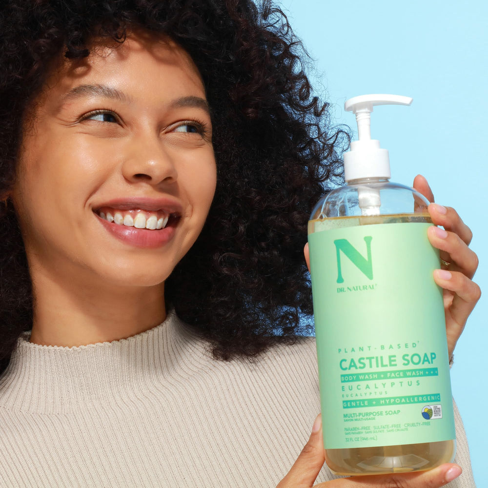 Dr. Natural Castile liquid soap face wash showing soft cleanse suitable for sensitive skin.
