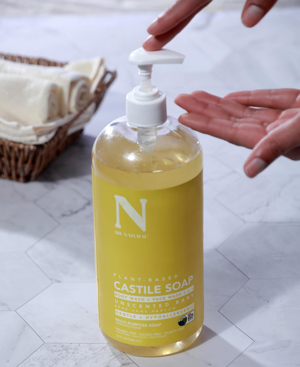 Dr. Natural Castile Liquid Soap kitchen-use scene shows versatile cleaning side.