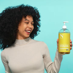 Dr. Natural Castile Liquid Soap lather close-up emphasizes gentle, plant-based cleansing.