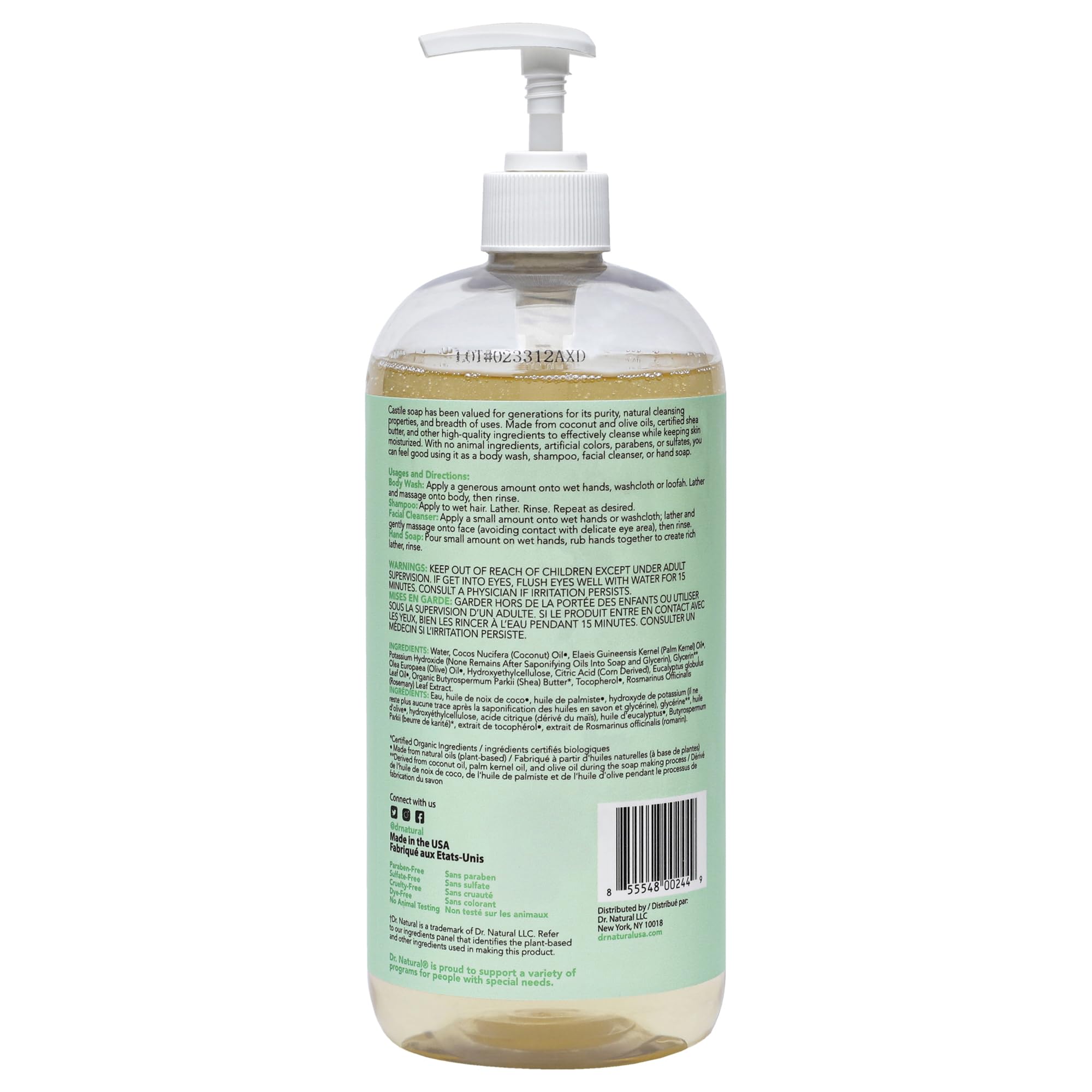 Dr. Natural Castile soap packaging highlighting eco-friendly plant-based formula.