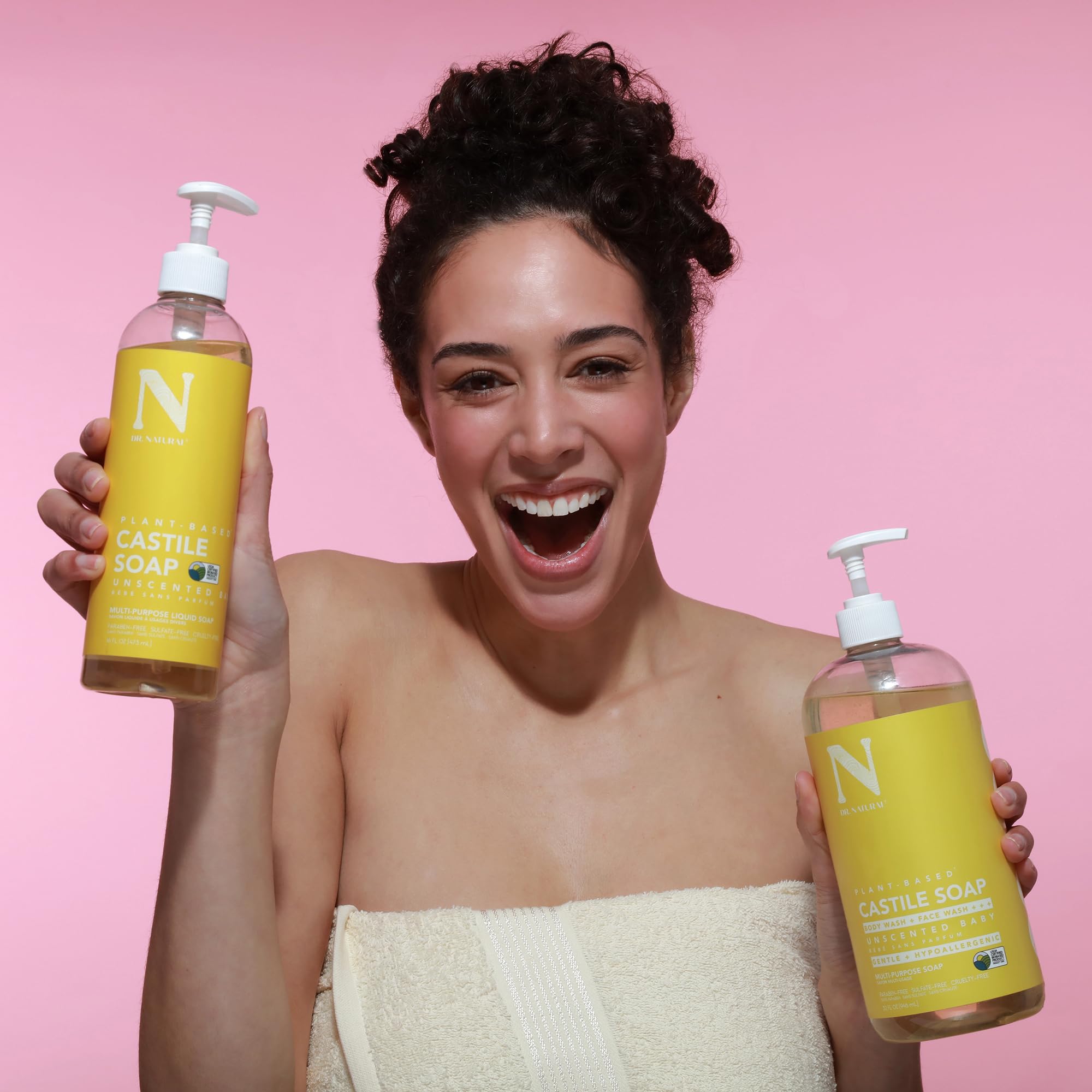 Dr. Natural Castile Liquid Soap unscented label emphasizes fragrance-free option for sensitive users.