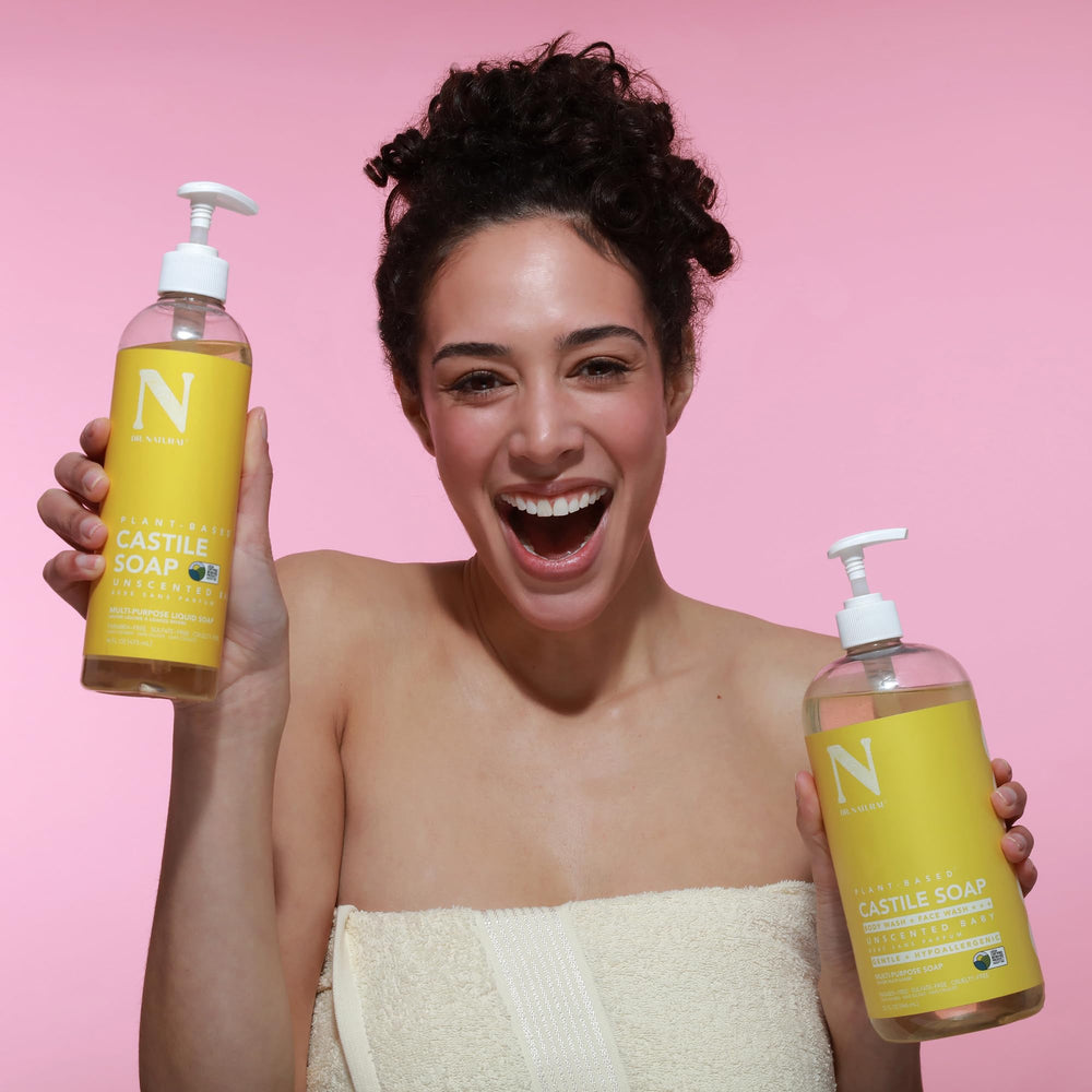 Dr. Natural Castile Liquid Soap unscented label emphasizes fragrance-free option for sensitive users.