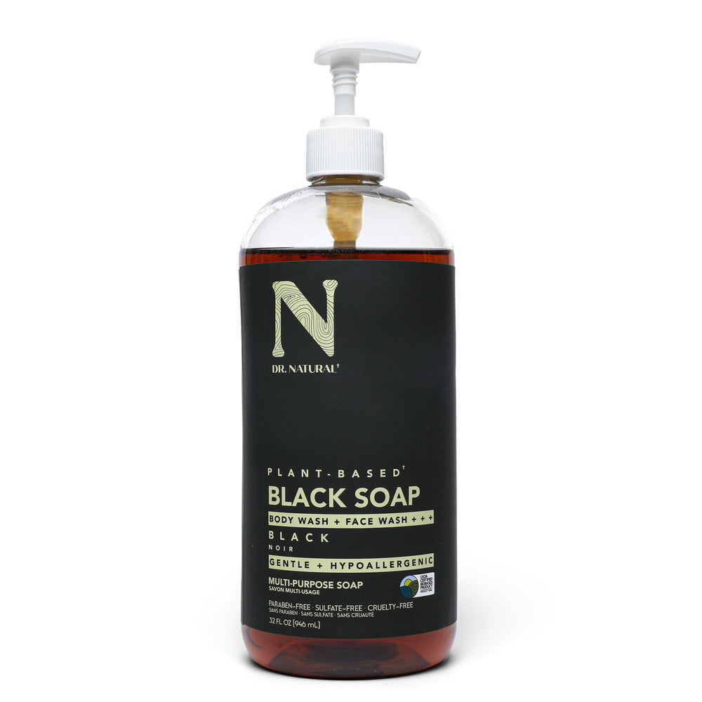 Dr. Natural Multi-Purpose Black Liquid Soap bottle front view for daily cleansing and hydration