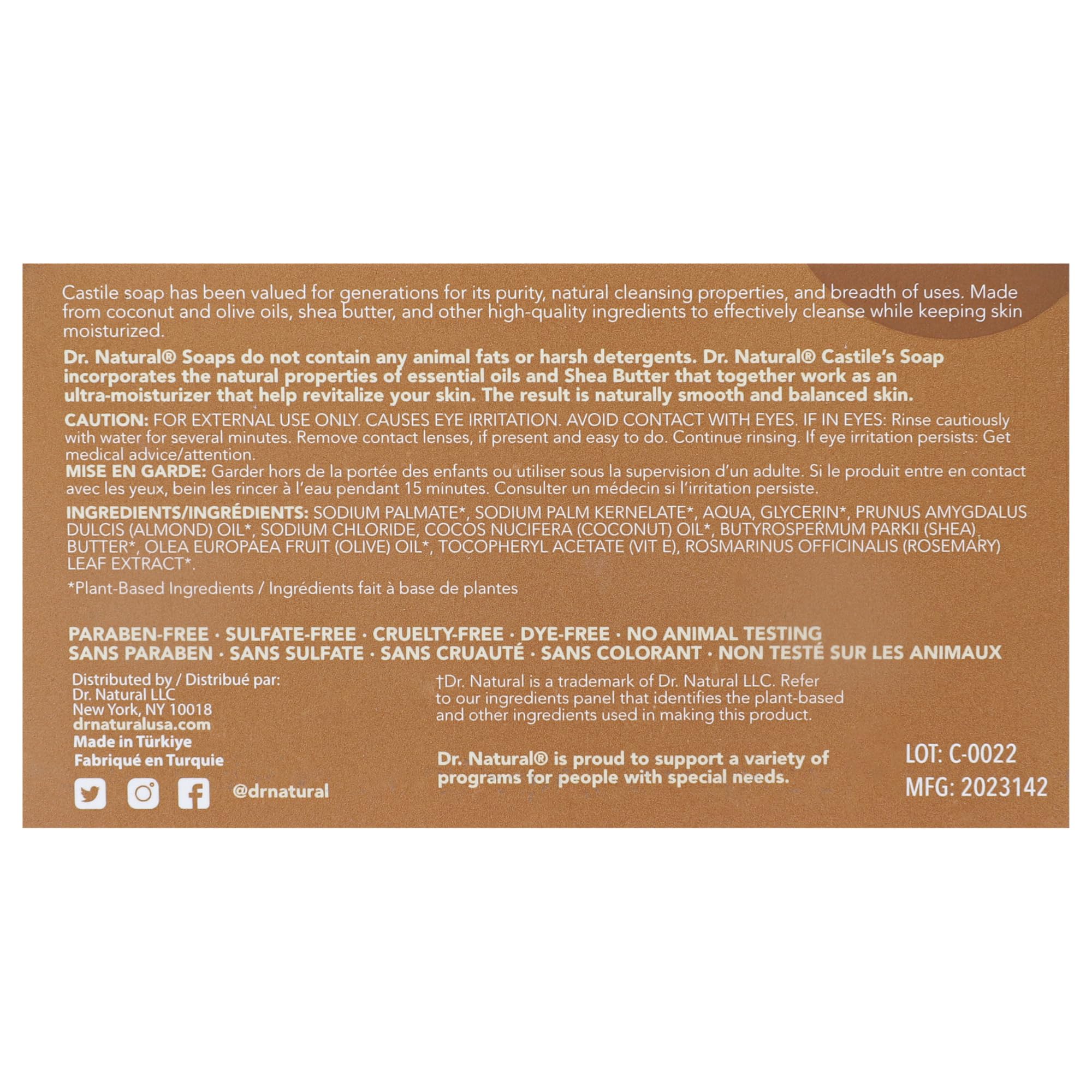 Dr. Natural Pure Castile Almond bar packaging detail and label transparency.
