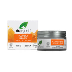 Dr Organic Manuka Honey Rescue Cream jar shown, delivering nourishing hydration for dry skin