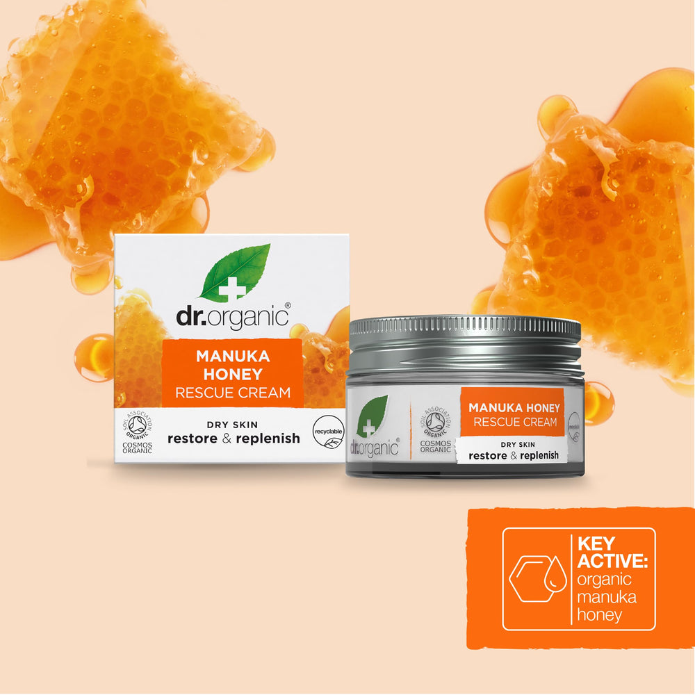 Dr Organic Manuka Honey Rescue Cream packaging highlights eco-conscious recyclable jar and lid