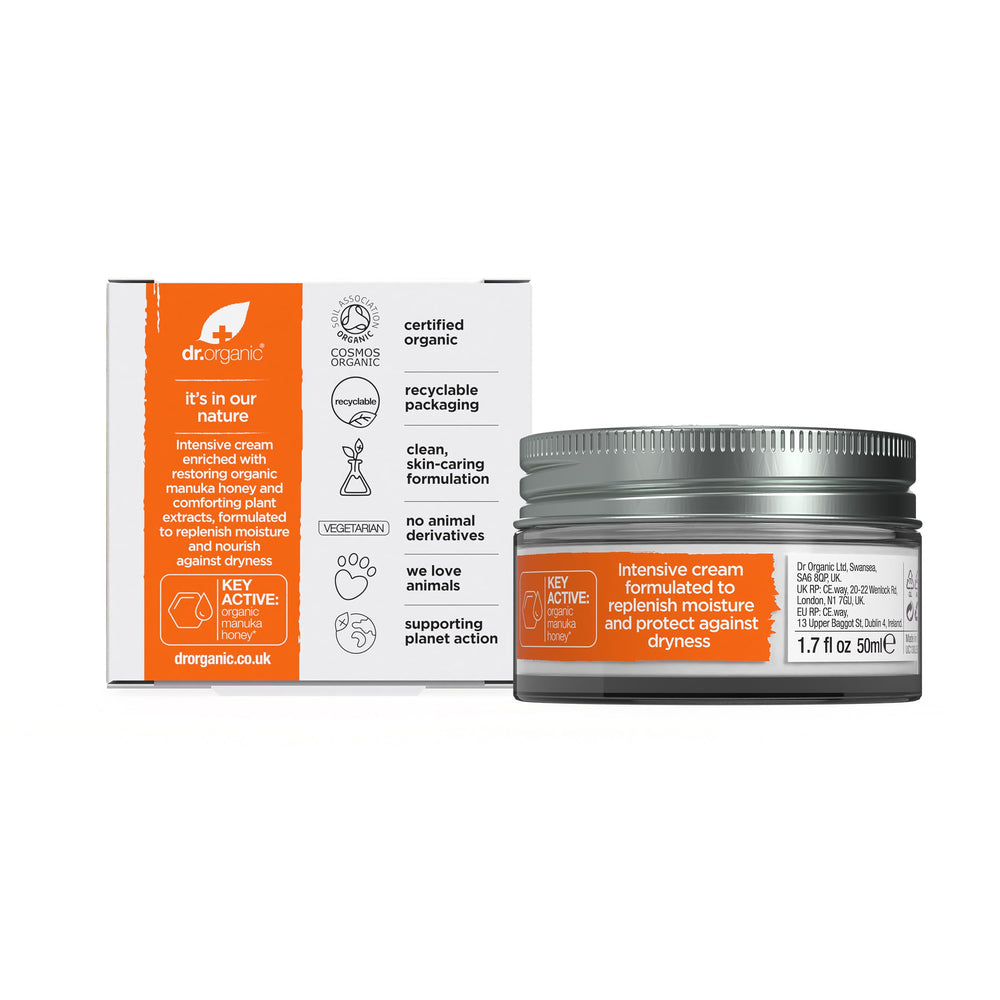 Dr Organic Manuka Honey Rescue Cream texture swirl demonstrates rich moisture for sensitive skin