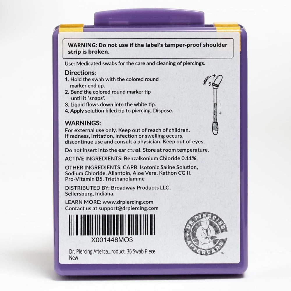 DR. PIERCING AFTERCARE no-rinse swabs simplify daily piercing aftercare routines.