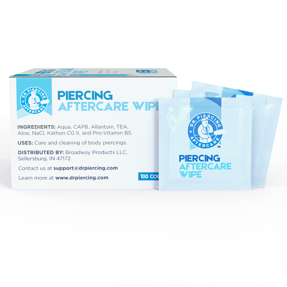 100-count box of Dr. Piercing Aftercare Wipes for ongoing piercing maintenance.