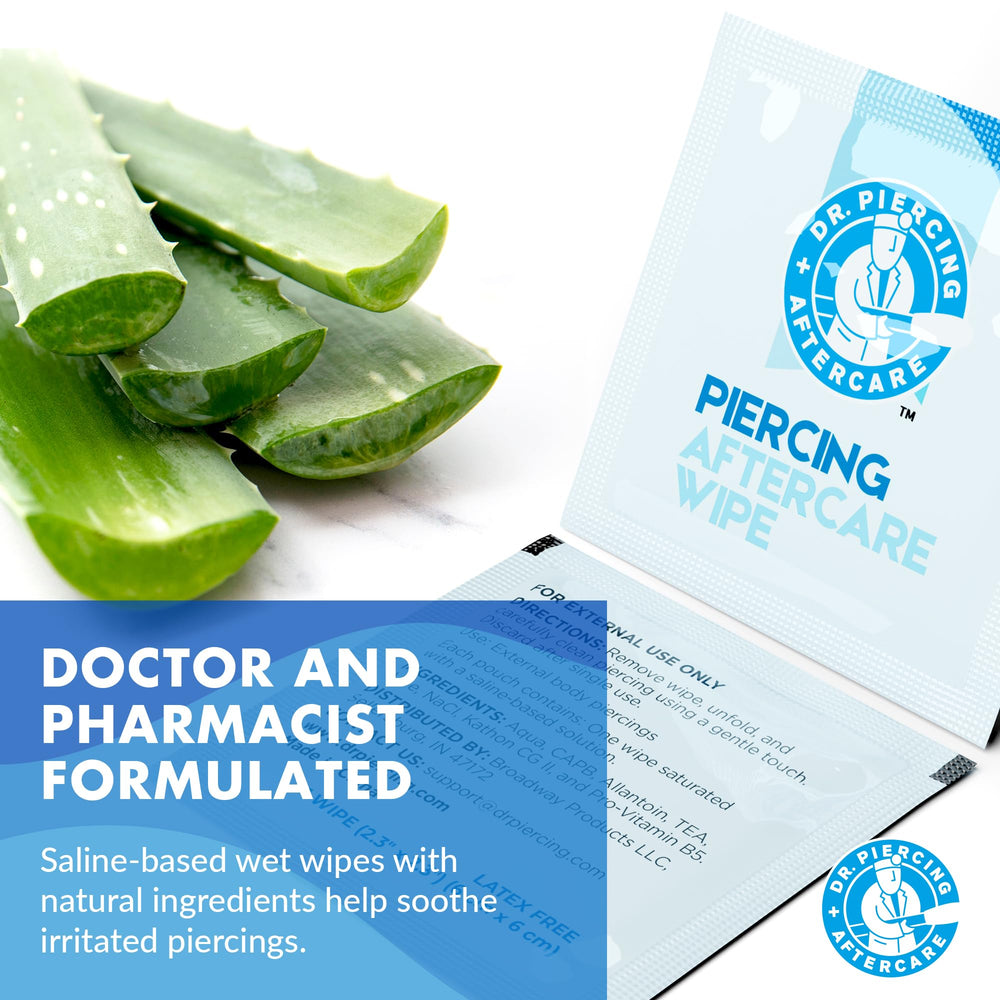 Close-up of Dr. Piercing Aftercare Wipes used on a nose piercing for gentle cleansing.