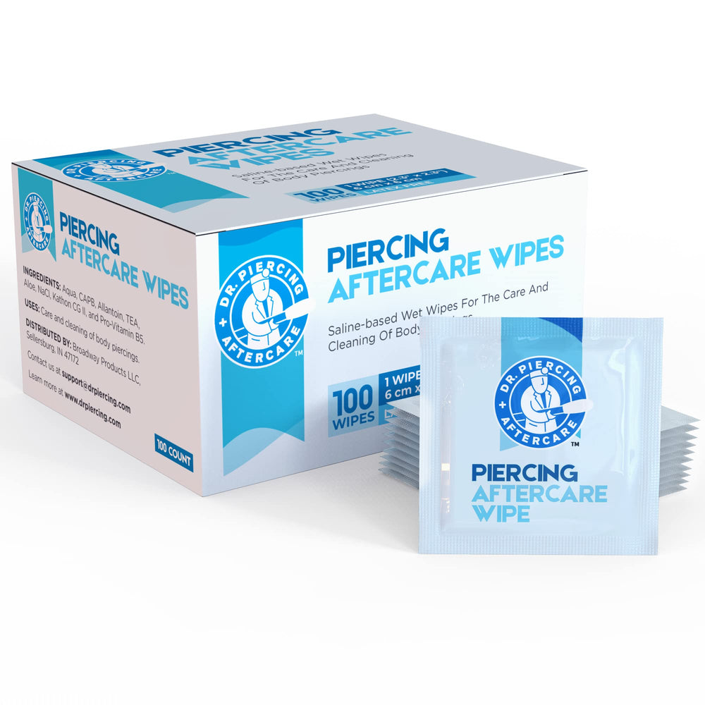 Travel-friendly pack of Dr. Piercing Aftercare Wipes for on-the-go care.