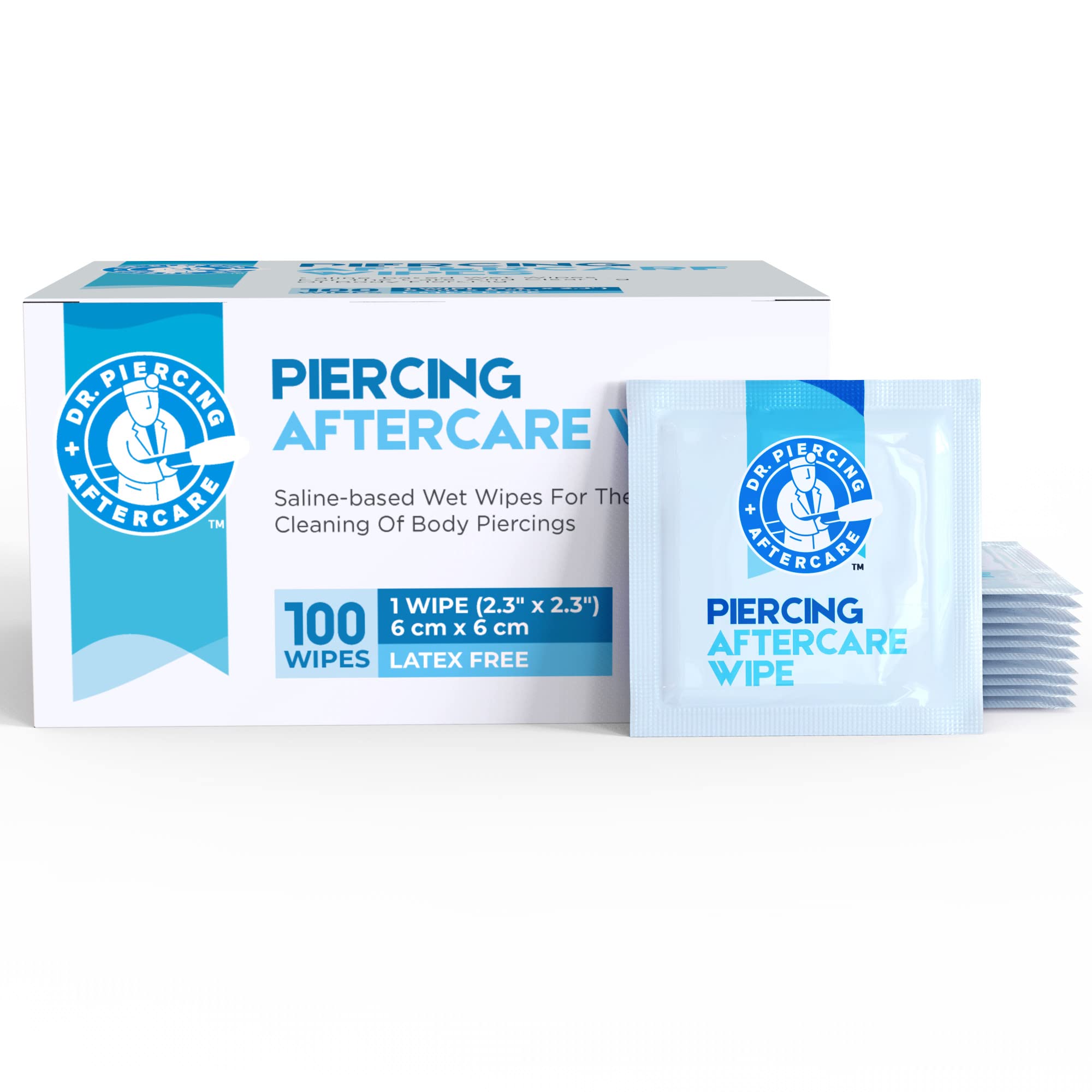 Dr. Piercing Aftercare Wipes packaging shows portable saline cleanse for piercings.