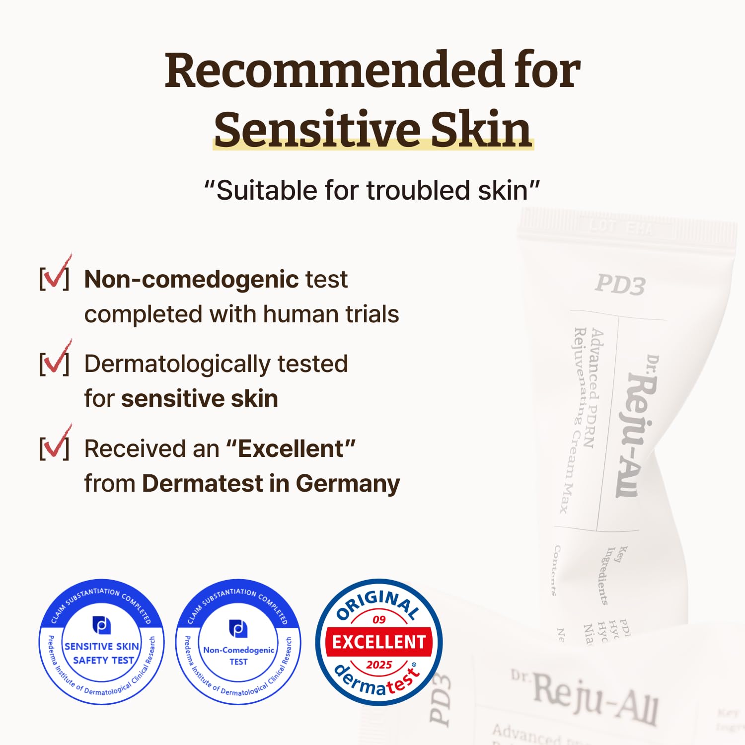 Dr.Reju-All Advanced PDRN Cream dermatologist-tested packaging label conveys safety.