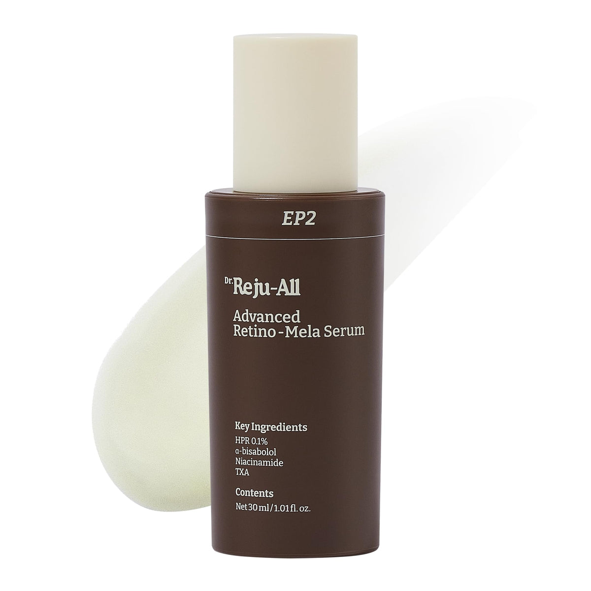Dr.Reju-All Retino-Mela Serum bottle closeup for nightly anti-aging routine