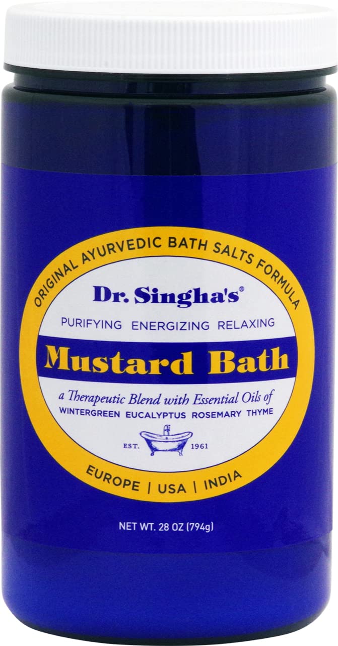 Dr. Singha's mustard bath bottle shows a calming home spa soak.