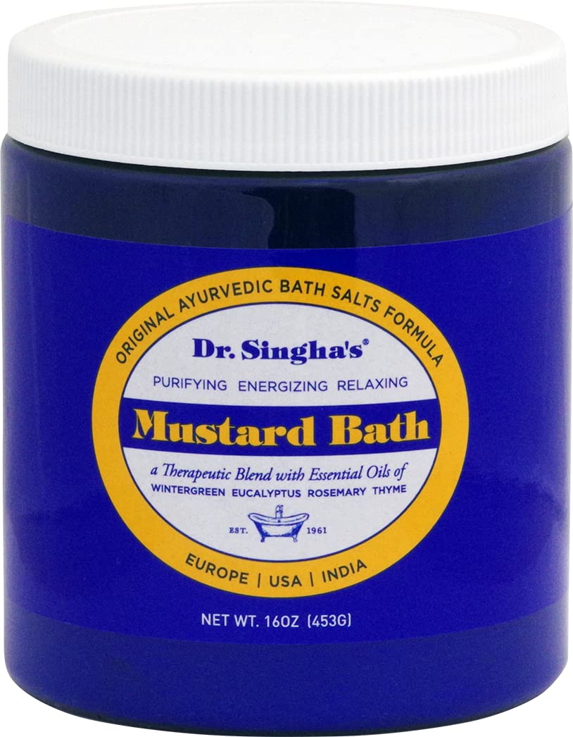 Dr. Singha's Mustard Bath boxed product shows heritage and home spa convenience.