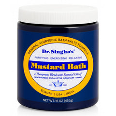 Dr. Singha's Mustard Bath packaging shows a premium soak for relaxation and cleansing rituals.