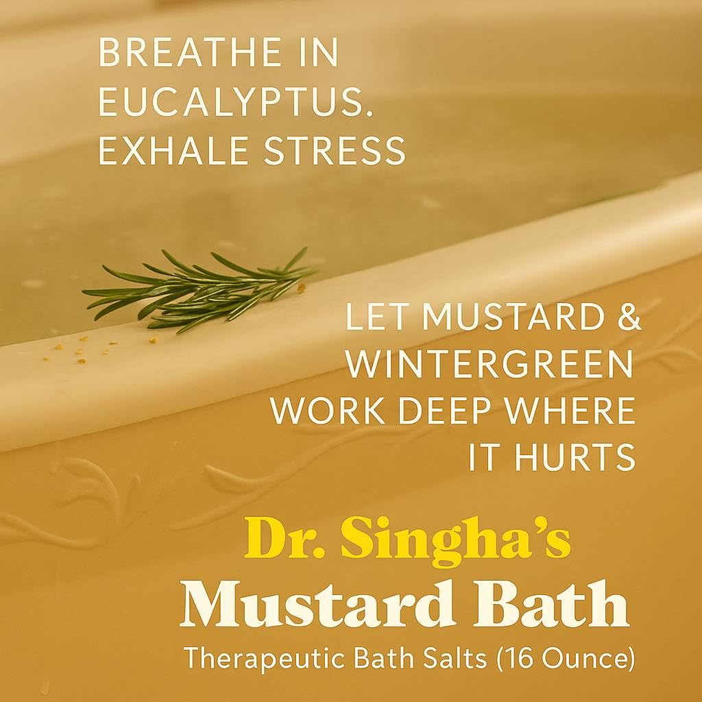 Dr. Singha's Mustard Bath powder closeup highlights organic mustard and oils for soothing warmth.