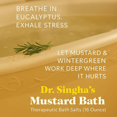 Dr. Singha's Mustard Bath powder closeup highlights organic mustard and oils for soothing warmth.