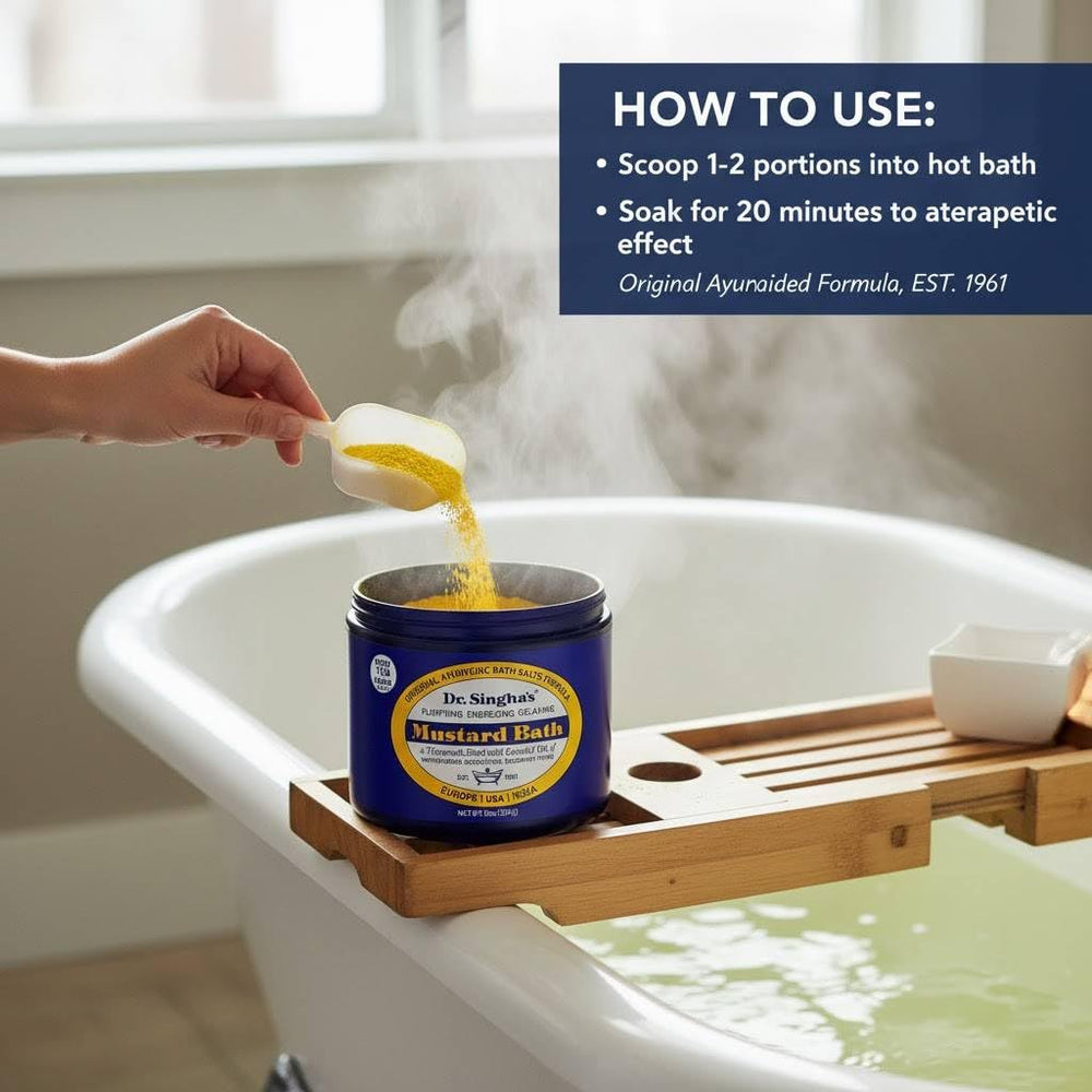 Dr. Singha's Mustard Bath Salts in warm water promoting soothing warmth.