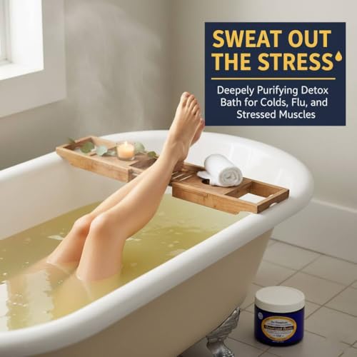 Dr. Singha's Mustard Bath Salts jar highlights skin-softening ingredients.
