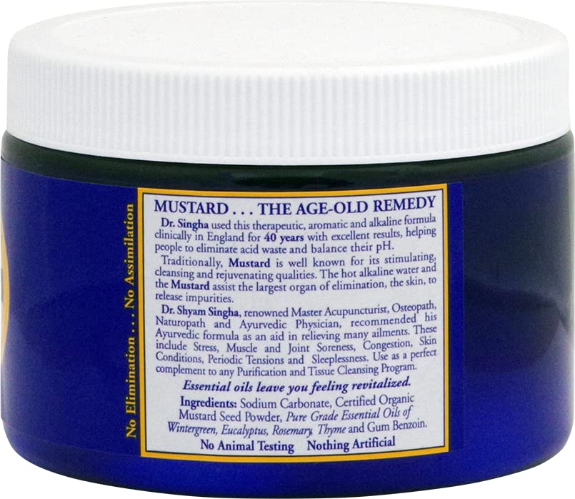 Dr. Singha's Mustard Bath Salts powder close-up highlighting organic mustard.