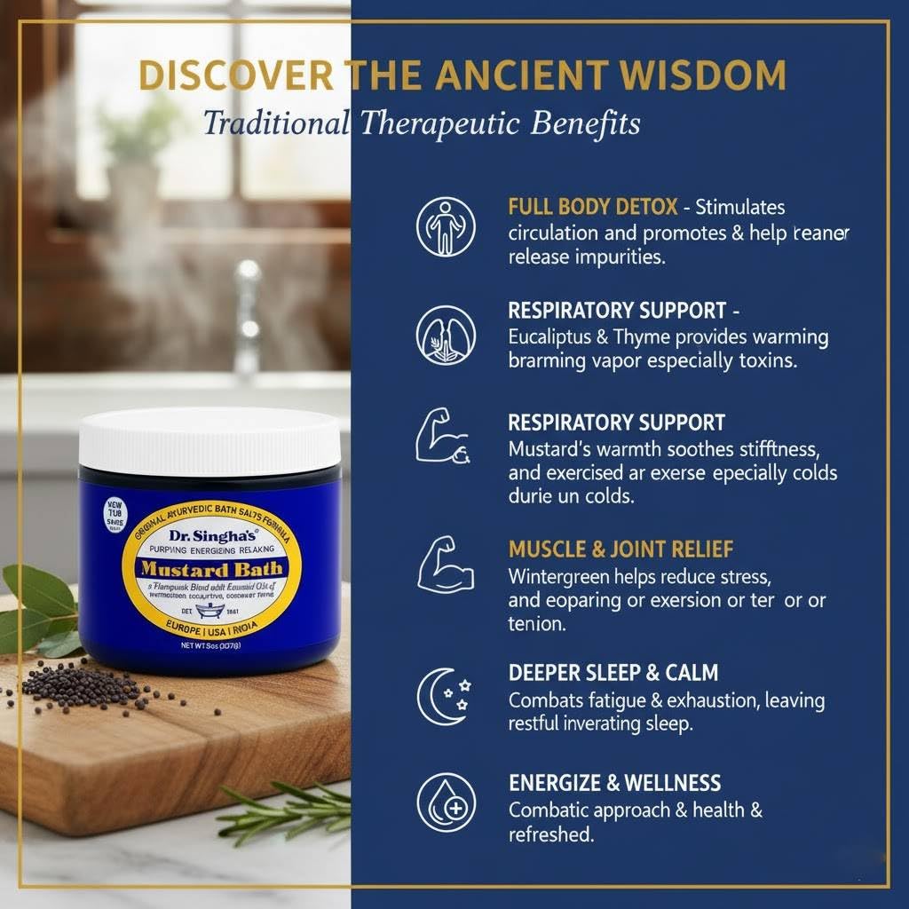 Dr. Singha's Mustard Bath Salts USA-made bottle in packaging.