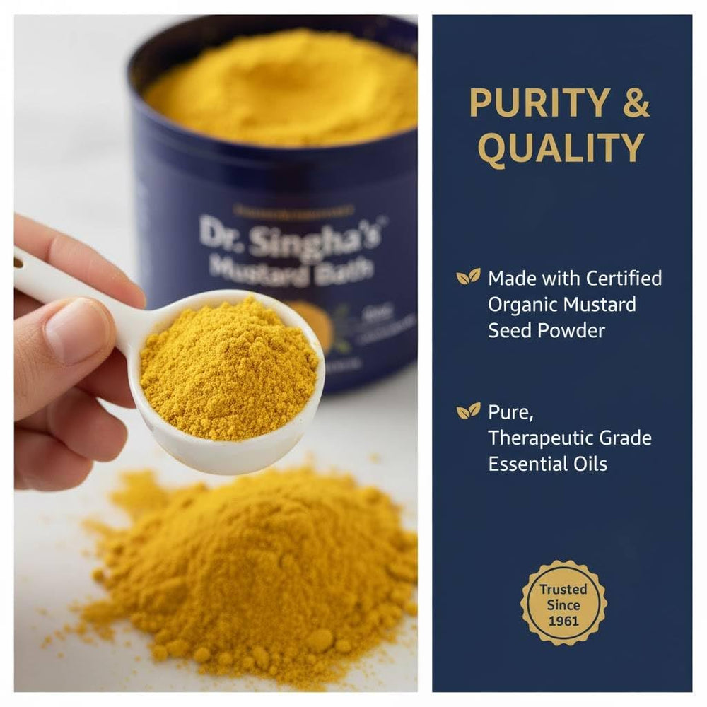 Dr. Singha's Mustard Bath Salts in a bath scene for relaxation ritual.