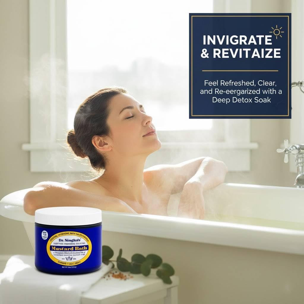 Dr. Singha's Mustard Bath Salts close-up emphasizes skin-softening benefits.