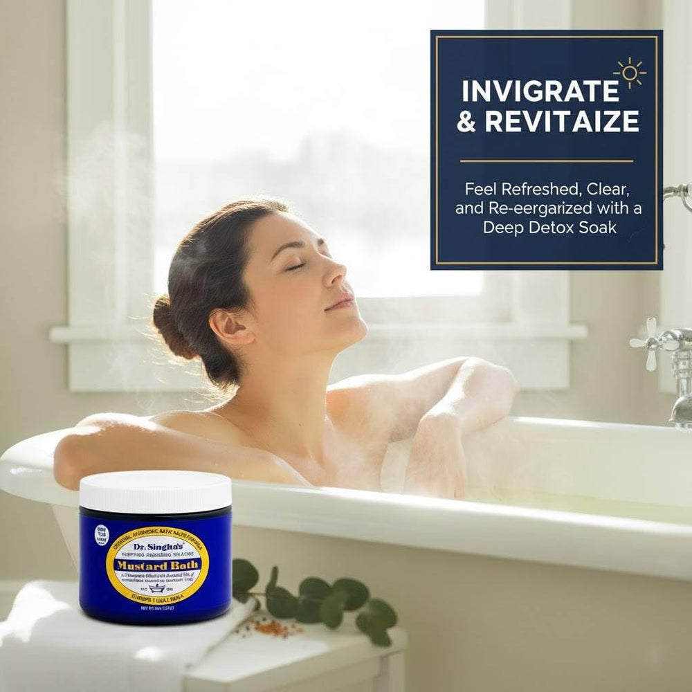 Dr. Singha's Mustard Bath Salts close-up emphasizes skin-softening benefits.