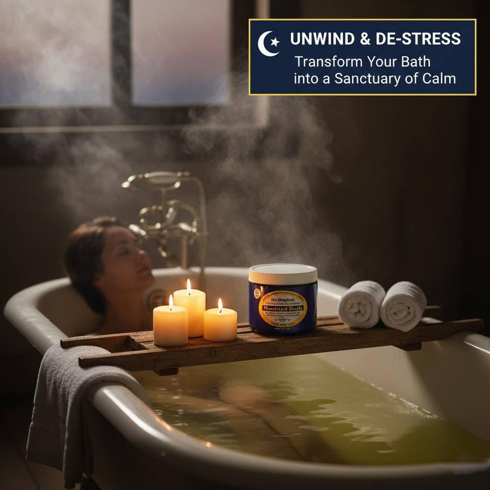 Dr. Singha's Mustard Bath Salts ingredients showcase organic mustard powder and oils.