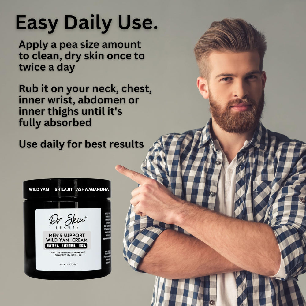 Dr Skin BEAUTY men's wild yam cream featuring ashwagandha hints mood stability.